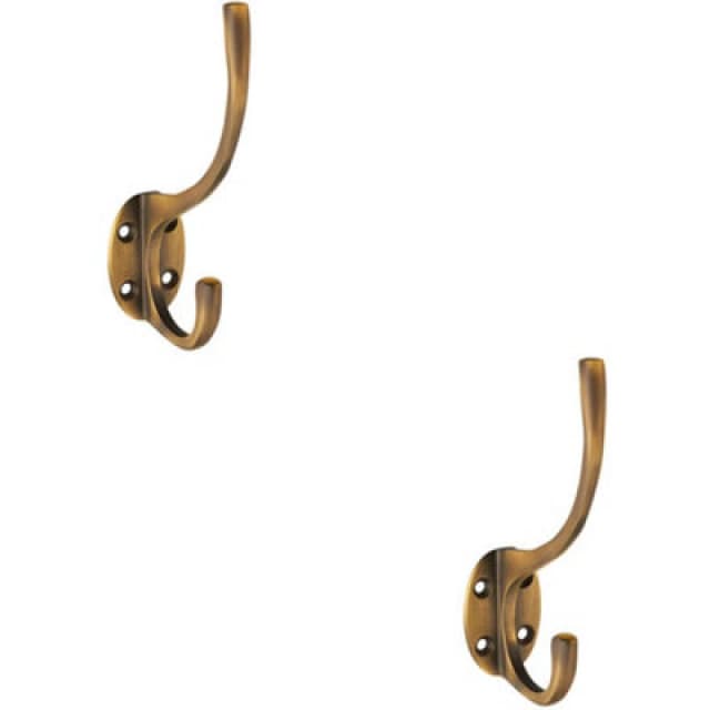 Loops 2x Victorian Hat & Coat Hook on Oval Backplate 64mm Projection Antique Brass Metallics