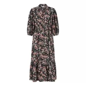 Yumi Black Floral Print Shirt Midi Dress - Black