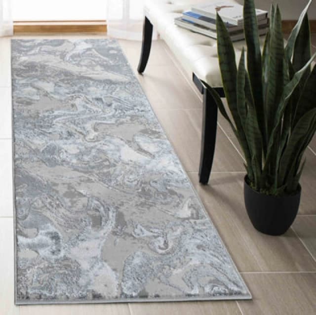 Solarius Modern Grunge Marbling Abstract Area Rugs Silver 60X220 Cm