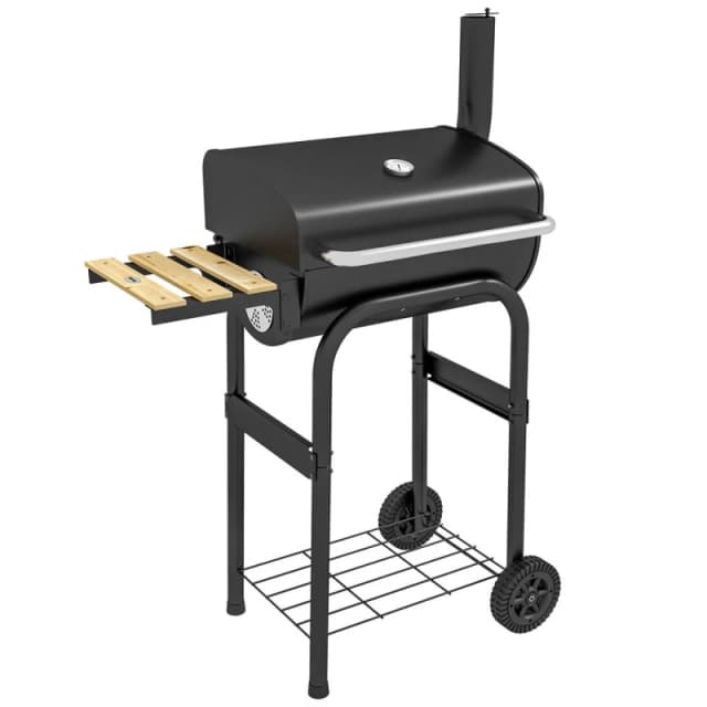 Outsunny Charcoal Barbecue BBQ Grill Trolley with Shelves, Lid and Thermometer, Black 846-148V01BK