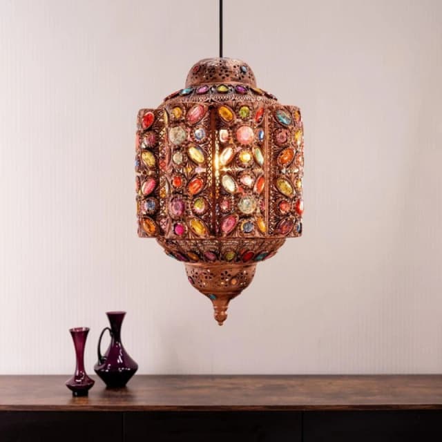 VALUELIGHTS Leyla Moroccan Bazaar Style Bronze Lantern Easy Fit Ceiling Light Shade with Multi Coloured Jewels - Bulb Included B4083