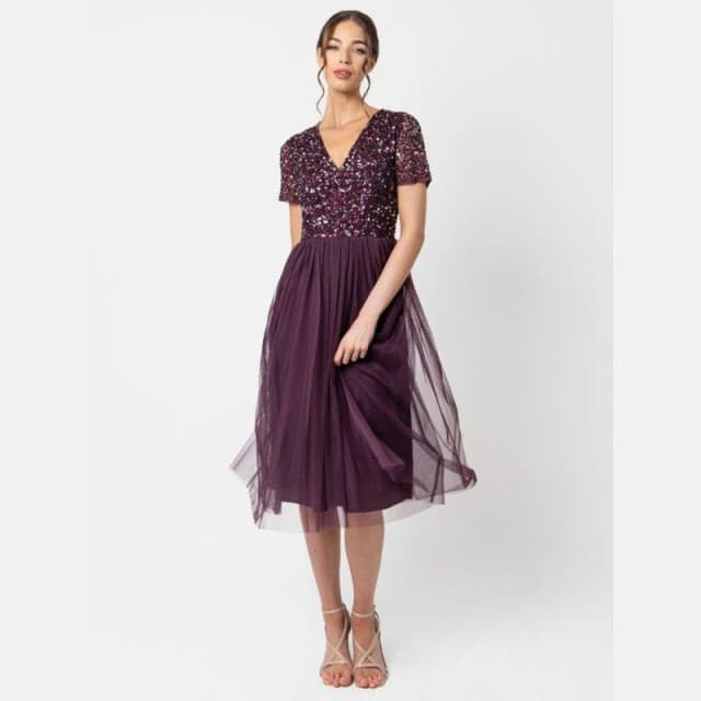 Maya Deluxe Maya V Neckline Embellished Midi Dress Berry female 6 (2XS)
