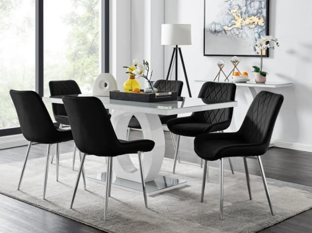 FurnitureboxUK Giovani 6-Seater Grey Glass Dining Table & 6 Pesaro Soft Velvet Dining Chairs in Black Unisex