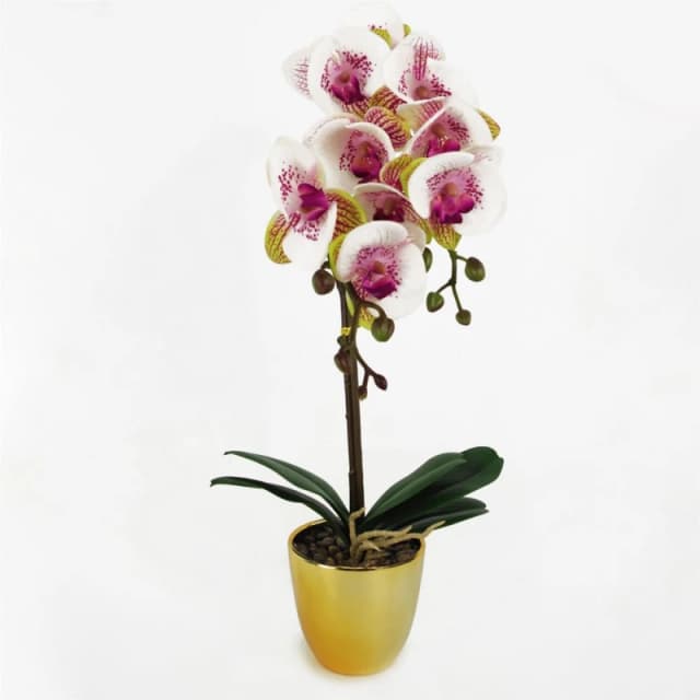 Leaf 48cm Harlequin Orchid Artificial - Pink with Gold Pot Pink unisex