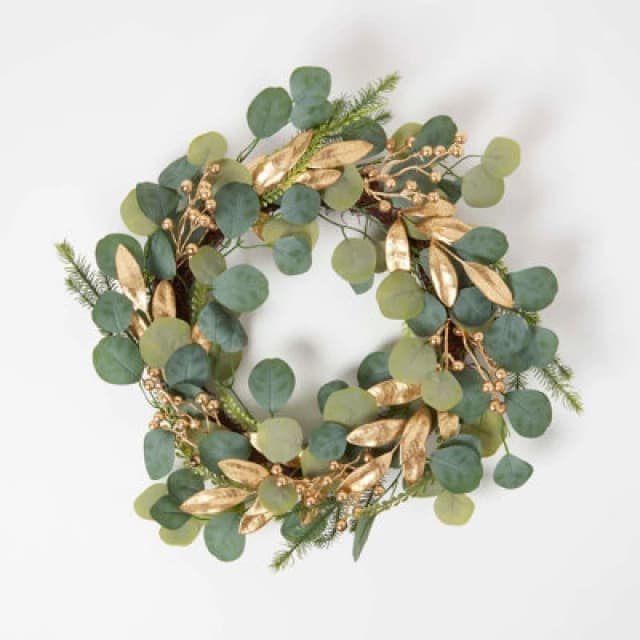 Homescapes Green & Gold Eucalyptus Christmas Wreath, 56cm Gold