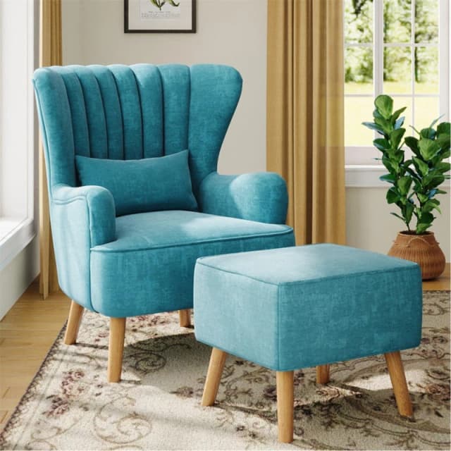 Kabinet UK Faux Wool Upholstered Armchair and Footstool Blue unisex One size