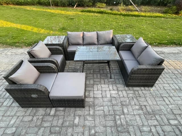 FIMOUS Fimous 8 Seater High Back PE Rattan Sofa Set Outdoor Garden Furniture Dining Table Set With Reclining Chair 3 Seater Sofa Love Sofa 2 Side Tabl