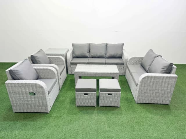 Fimous PE Rattan Garden Furniture Set Adjustable Chair Sofa Double Love Seat 2 Seater Sofa Lounge Set Rectangular Coffee Table 2 Stools Side Table Lig