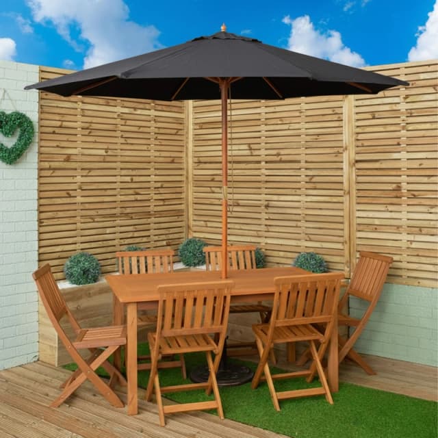 Outdoor 6 Person Rectangular Wooden Garden Patio Dining Table Chairs with Black Parasol and Base Set