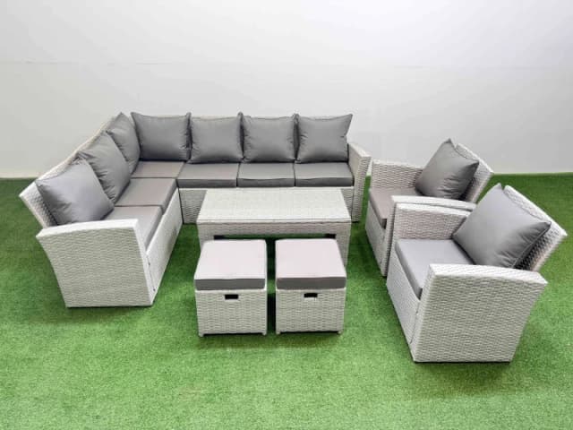 Fimous Outdoor 10 Seater Corner Sofa Sets with Chair 2 Small Stool Light Grey Light Grey Unisex