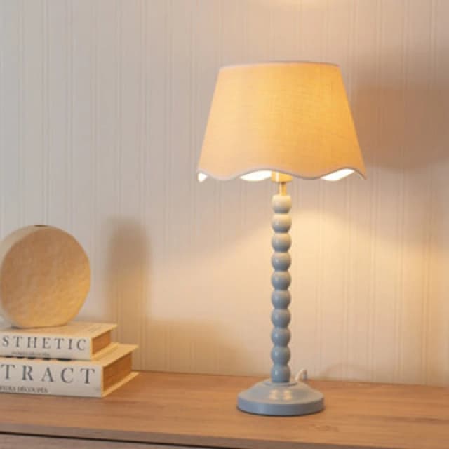 ValueLights Bobbins Powder Blue Table Lamp with Linen Scallop White Trim Shade Pale Blue