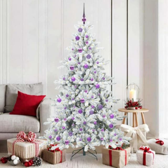 vidaXL Artificial Hinged Christmas Tree with 300 LEDs, Lilac Balls Snow Flocked 180cm PVC, Green 3397724