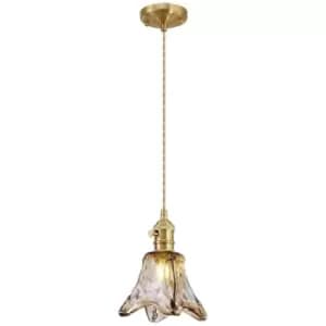 Luminosa Lighting - Luminosa Leyden Switched Ceiling Pendant 1.5m, E27, Brass, Pale Gold Twisted Cable, Brown Flower Glass