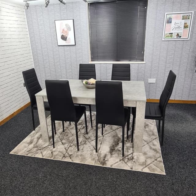 KOSY KOALA Kosy Koala - Dining Table and 6 Chairs Stone Grey Effect Wood Table 6 Black Leather Chairs Dining Room Stone grey 117 + 6 Black metal chair