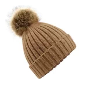 Beechfield Unisex Fur Pop Pom Chunky Beanie (One Size) (Biscuit Beige)