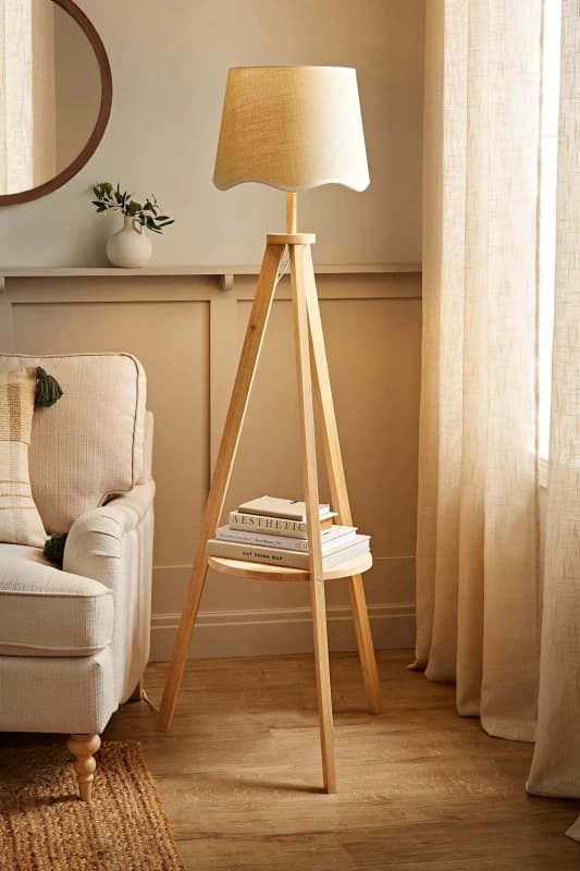 ValueLights Morrigan Light Wood Tripod Floor Lamp with Scallop Trim Tapered Lamp Shade White