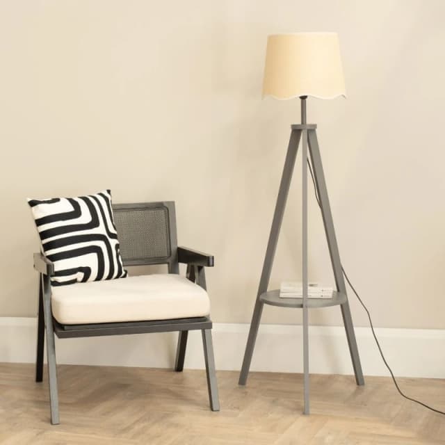 ValueLights Morrigan Grey Wood Tripod Floor Lamp with Scallop White Trim Taper Shade & Bulb Grey