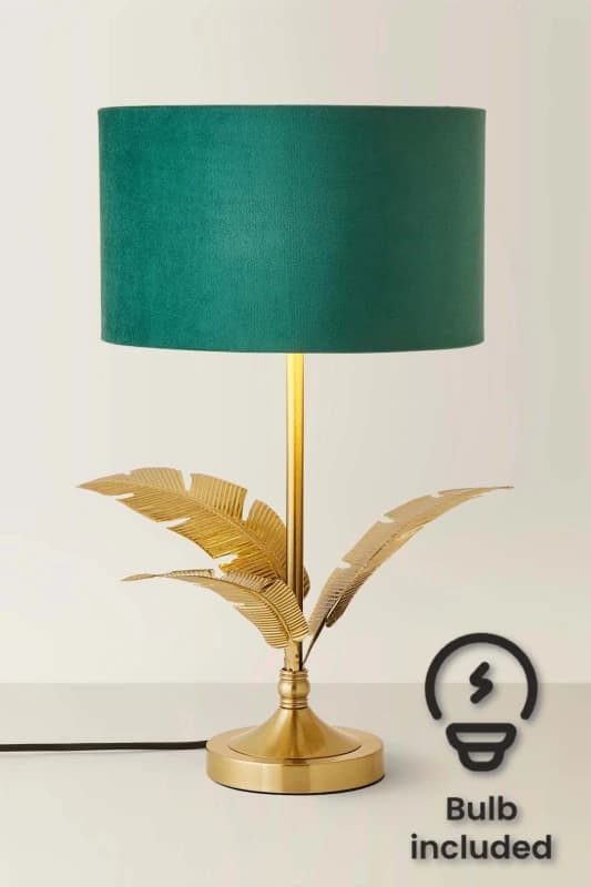 ValueLights ValueLights Christina Velvet with Gold Inner Drum Shade Gold Palm Leaf Table Lamp with Bulb in Bottle Green Bottle Green One Size Unisex 5