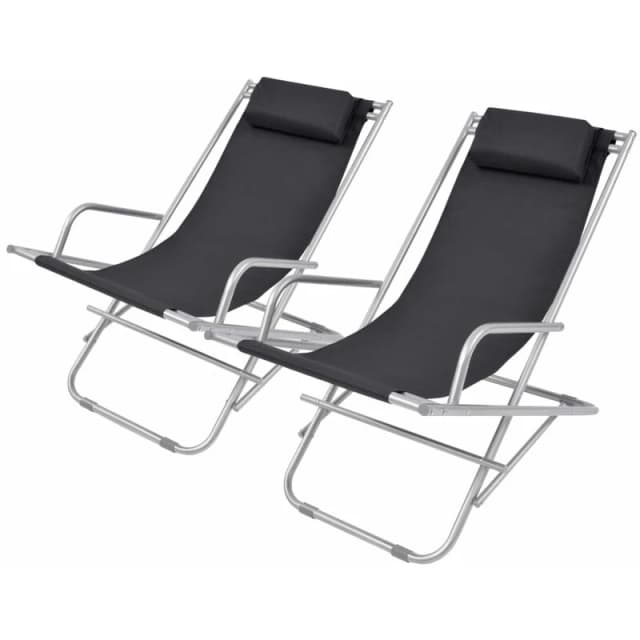 vidaXL 2x Reclining Deck Chairs Black Steel Outdoor Sunloungers Swing Chairs