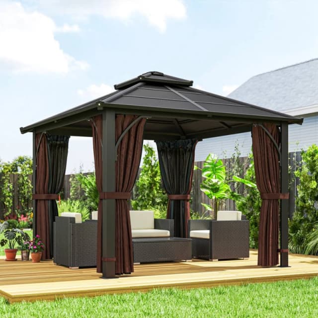 Outsunny 3x3(m) Hardtop Gazebo with Polycarbonate Roof & Sides Brown