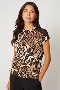 Woven Sheer Insert Animal Print Viscose Tee