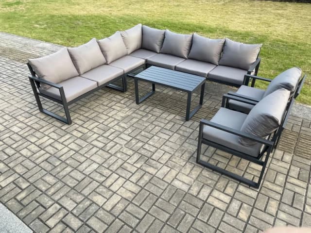 Fimous Aluminium Patio Outdoor Garden Furniture Lounge Corner Sofa Set with Oblong Coffee Table 2 Chairs Dark Grey Dark Grey Unisex