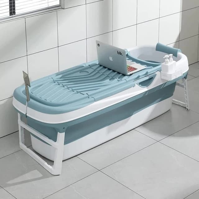 Fimous Portable Folding Shower Bathtub Adult Freestanding Bathtub for Small Bathrooms with Soap Basket in Blue Blue Unisex