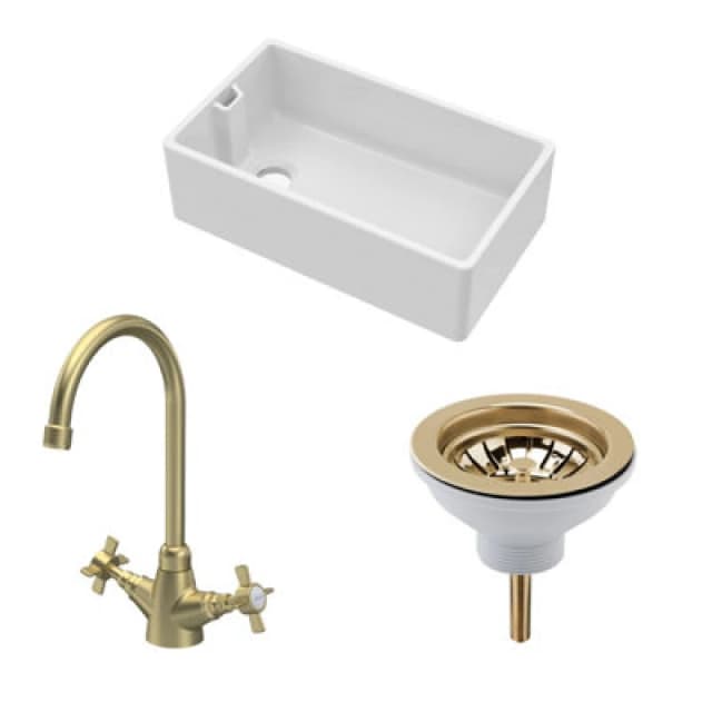 Balterley Fireclay 1 Bowl Belfast Sink Strainer Waste Tap Brushed Brass 795mm Bronze