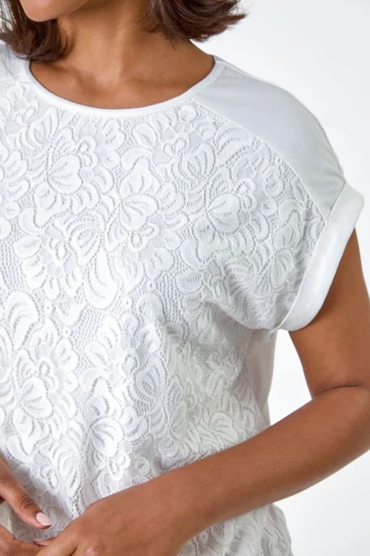 Roman Womens Lace Panel Stretch Jersey Top in Ivory Size: 20 Ivory Female 20