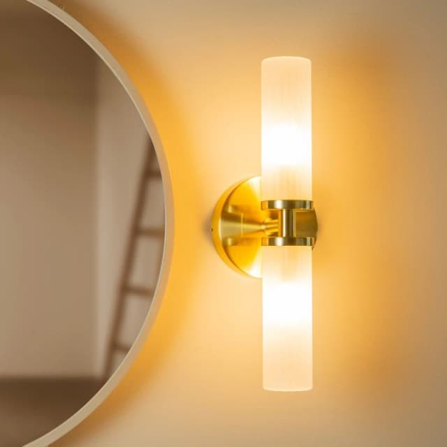 ValueLights ValueLights Canya Pair of Brushed Gold IP44 Up Down 2 Way Frosted Reeded Glass Wall Lights Gold One Size Unisex 5059406041235