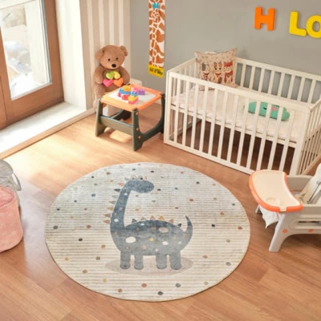 Livabliss Round Kids Machine Washable Beige/grey Bedroom Dino Area Rug 160 X 160 Cm - Easy Care, Soft & Safe Rug For Kids Spaces