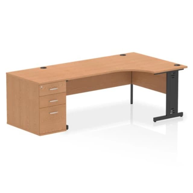 Impulse Impulse 1800mm Right Crescent Office Desk Oak Top Black Cable Managed Leg Workstation 800 Deep Desk High Pedestal IWSRC188BCMOAK
