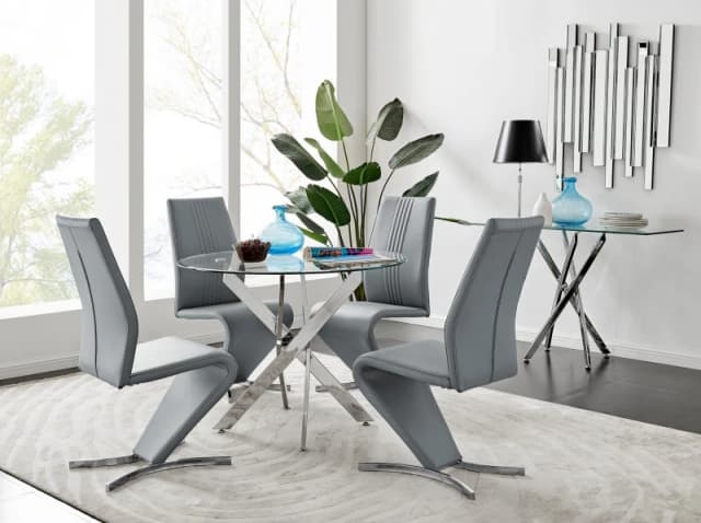 FurnitureboxUK FurnitureboxUK Novara Round 100cm Chrome Metal And Glass Dining Table And 4 Willow Dining Chairs Set in Grey Grey One Size Unisex 50565