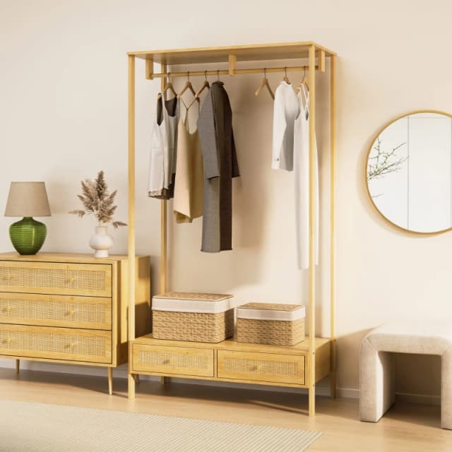 Vonhaus Clothes Rail For Bedroom, Scandi Style Natural Rattan 2 Drawer Organiser, Open Wardrobe Coat Stand, Living Room Storage
