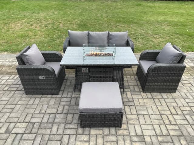 Fimous Patio Outdoor Rattan Garden Furniture Set Propane Gas Fire Pit Table Burner with Lounge Sofa Footstool Dark Grey
