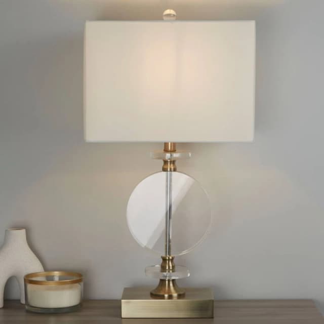 Lighting Collection Contemporary Gold Base Table Lamp with Decorative Clear Disc in Bronze Bronze Unisex