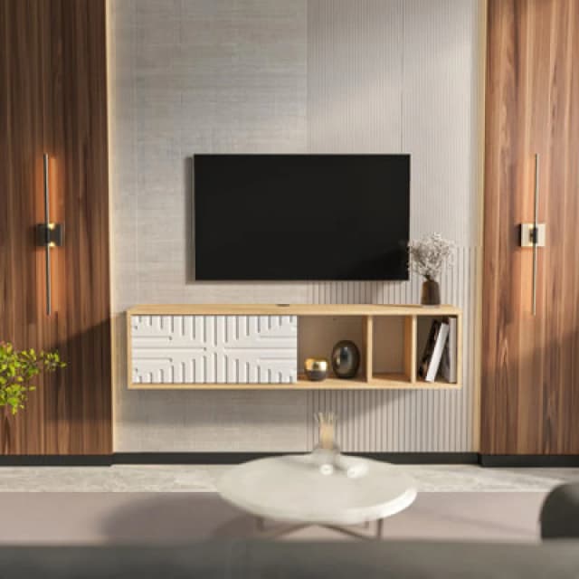 Decorotika Modern Teo Floating TV Unit Sapphire Oak And White