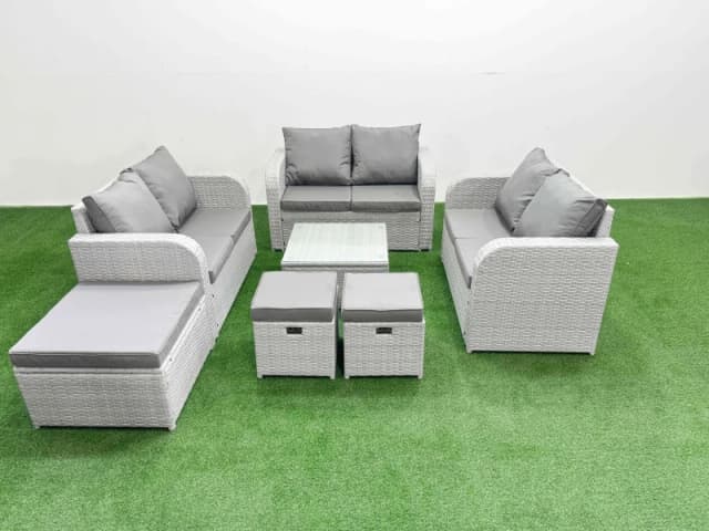 Fimous 9 Seater PE Wicker Rattan Furniture Sofa Sets with Square Coffee Table 2 Seater Love Sofa 3 Stool Light Grey Light Grey