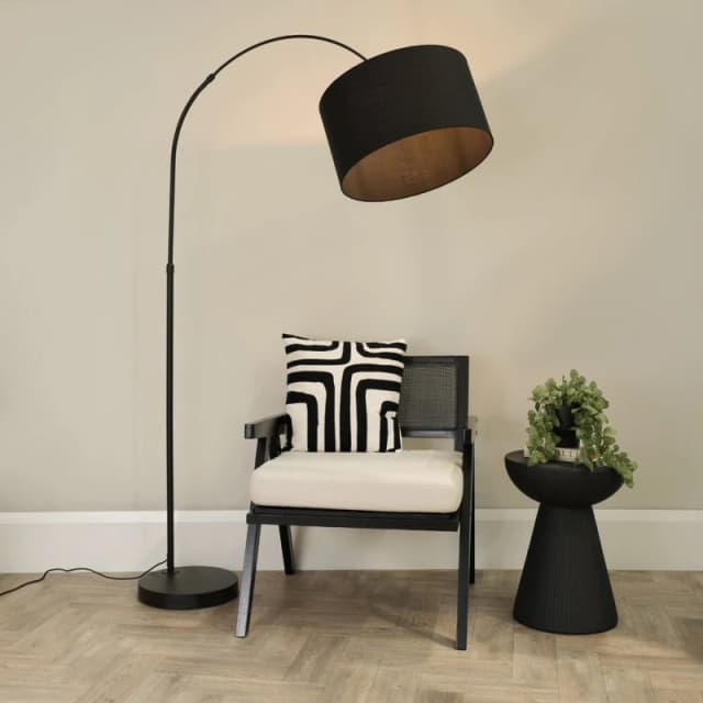 ValueLights Louis Black Arched Curved Floor Lamp with Fabric Drum Lamp Shade and LED Bulb Black