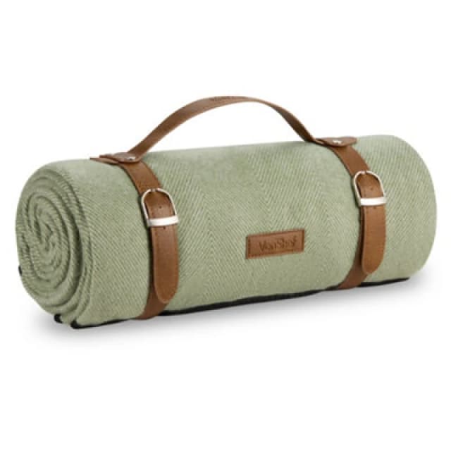 Vonshef Picnic Blanket, Green Herringbone Weatherproof Picnic Rug, W/ Faux Leather Carry Handle, Blanket & Travel Mat, 180 X 147Cm