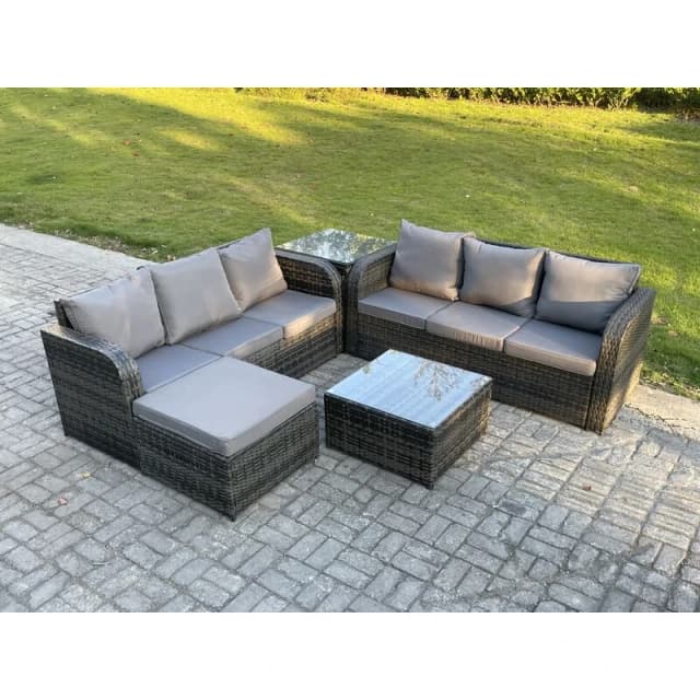 Fimous Indoor Outdoor Rattan Garden Furniture 7 Seater Set Table Sofa Chair Patio Conservatory with Grey Cushions Big Footstool Side Table Dark Grey