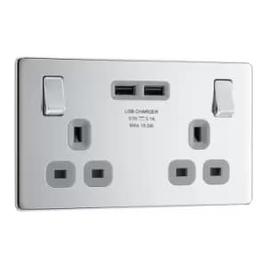BG Nexus Flatplate Screwless Polished Chrome 13A 2-Pole 2 Gang Switched Dual USB (3.1A) Socket - Grey Insert FPC22U3G