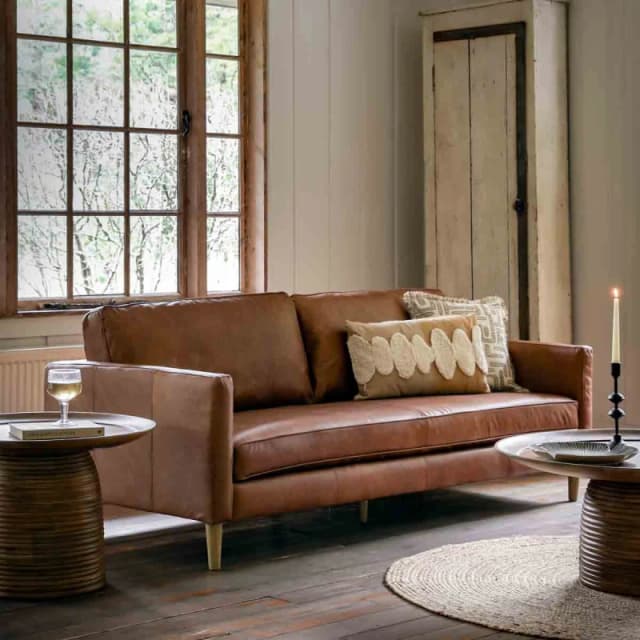 Groton Mid-century 3 Seater Vintage Leather Sofa with Solid Wood Legs