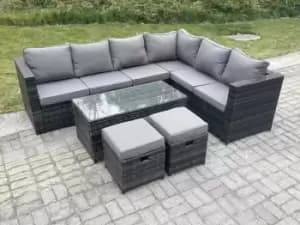 Fimous 6 Seater Outdoor Dark Grey Rattan Lounge Complete Sofa Set Right Side with Rectangular Coffee Table and 2 Stools
