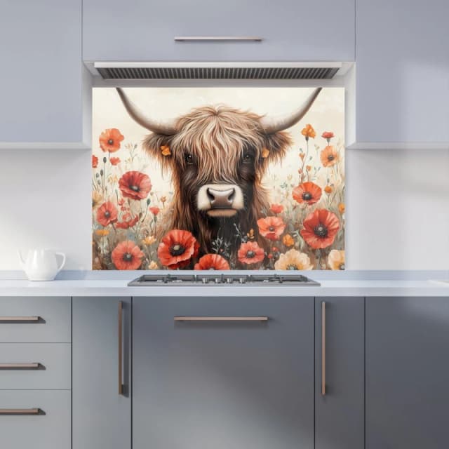 Warren Reed - Designer Highland Cow & Summer Flowers Kitchen Splashback Size: 900mm x 650mm Multicolor Unisex 900mm x 650mm