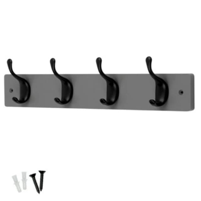 Keypak 4 Matte Black Coat Hooks On Grey Wooden Board - 46Cm Modern Wall Mounted Coat Rack Clothes Hanger