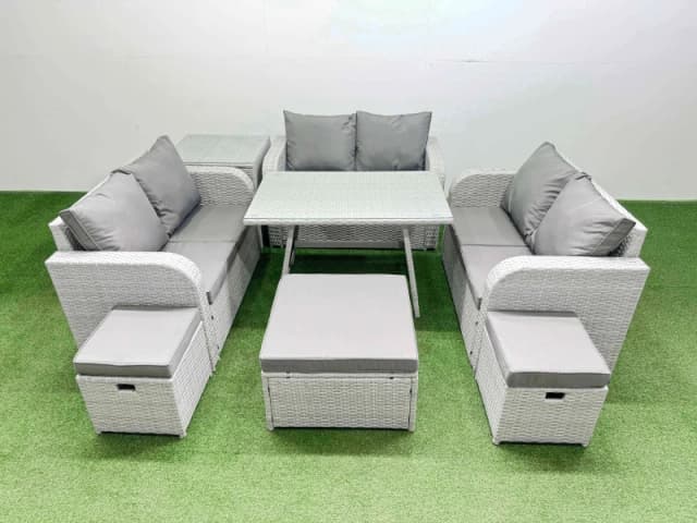 Fimous 9-seater Patio Rectangular Table Love Sofa Set with Side Table Stools in Light Grey Light Grey Unisex