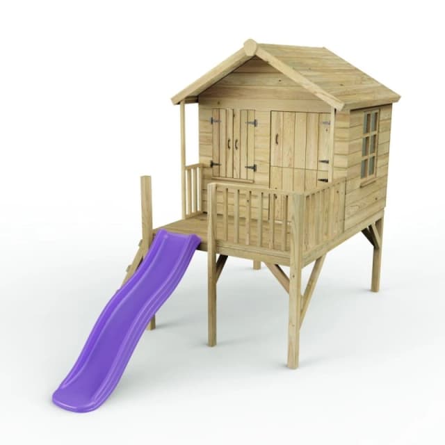 Rebo 5ft x 5ft Wooden Garden Playhouse on Deck with 6ft Slide - Nightingale Purple Natural
