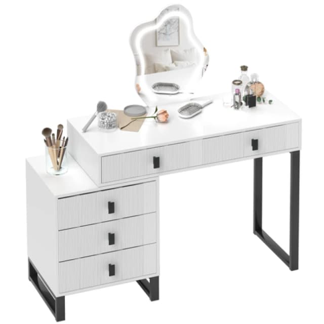HOMCOM HOMCOM Dressing Table with LED Leaf Shape Mirror and 5 Drawers, White White One Size Unisex 5063603241244