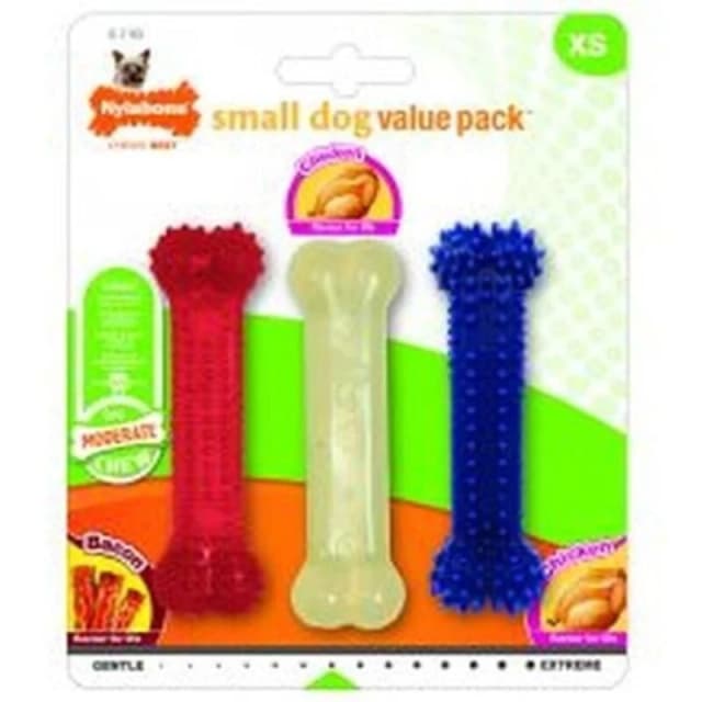 Nylabone Moderate Flexible Dental Dog Chew Toy Bones 3 pack Bacon Chicken Flavoured X-Small for Dogs Up to 7kg Durable 3 Count (Pack of 1)